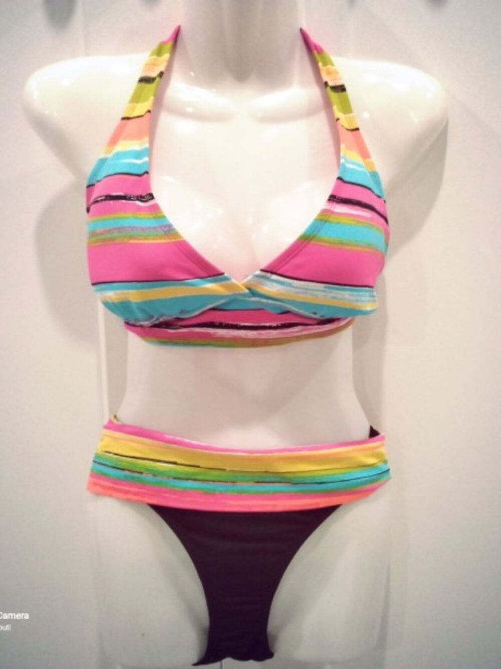 Anne Cole Multi-Color Halter Tie Colorful Barcode Stripe Foldover Midrise NWT XL